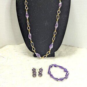 Vintage Estate Amethyst? Ametrine? Beaded Gold Tone Necklace Earrings Bracelet